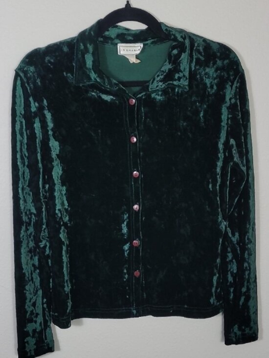 Vintage Women Crushed Velvet Button Up Shirt Size L Green Long Sleeve Collar Y2K - Picture 1 of 11